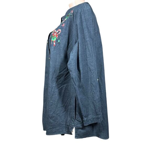Quacker Factory Denim Roll Tab Sleeve Embroidered Candy Cane Shirt Shacket 2X - Picture 4 of 12